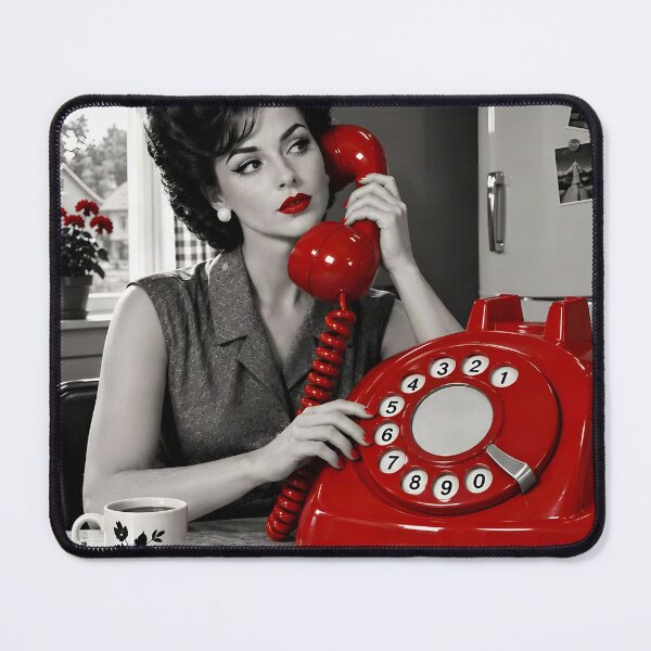 Item preview, Vintage Housewife With a Giant Red Telephone | Classic Retro Suburban Prints designed and sold by UrbanTempleArt.