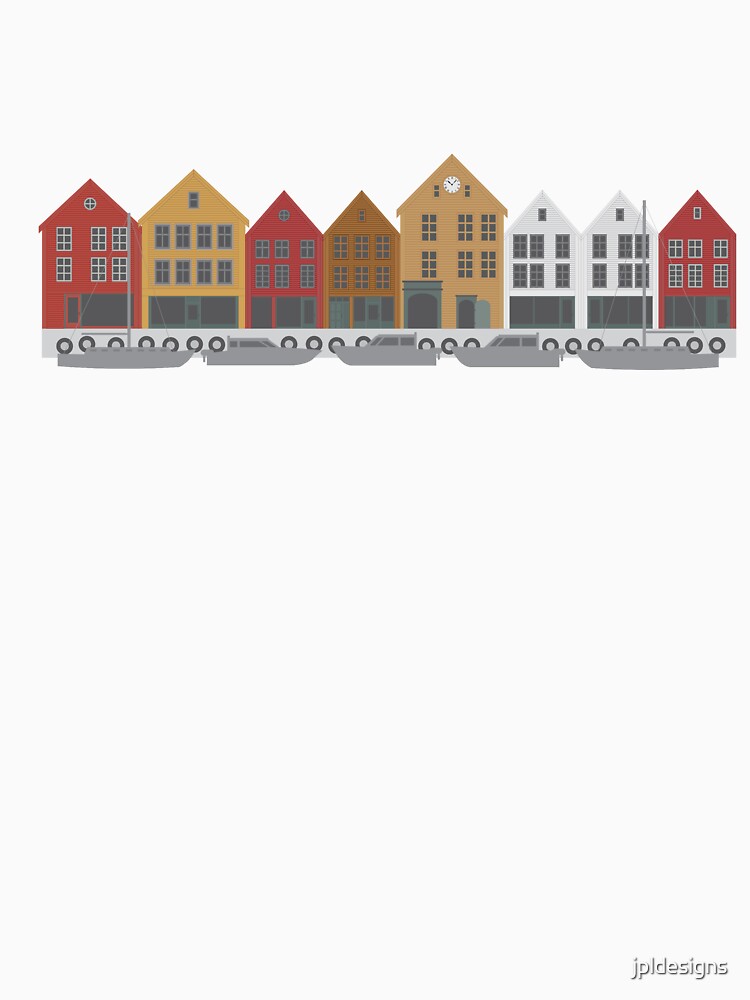 Bergen Norway downtown waterfront colorful buildings shopping district illustration by jpldesigns