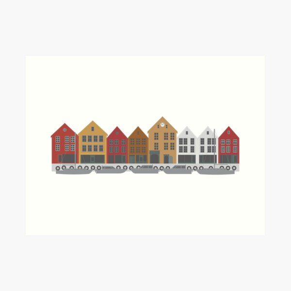 Bergen Norway downtown waterfront colorful buildings shopping district illustration Art Print