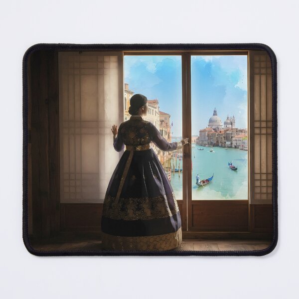 Item preview, Hanok Window to Venice: Traditional Korean Dress & Italian Canal Fantasy Art Print, Poster & Home Decor designed and sold by SOOstudio73.