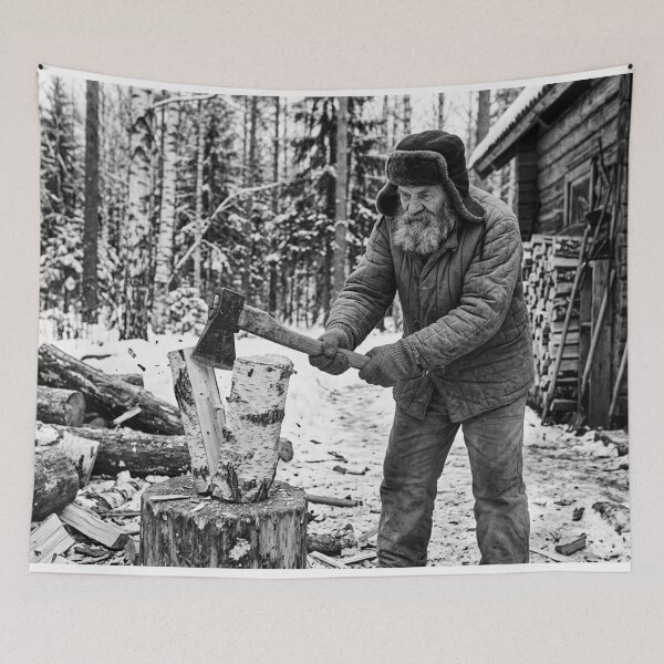 Item preview, Elderly Russian Man Chopping Wood in Winter designed and sold by Solomon-Ent-144.