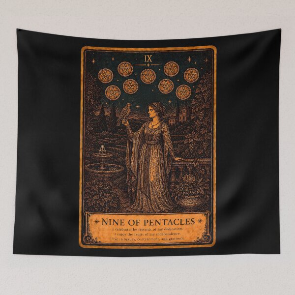 Item preview, Nine of Pentacles Tarot Card - Independence & Success Illustration designed and sold by ArcanaAbsolute.