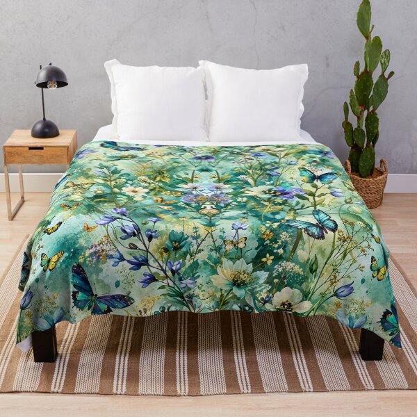 Item preview, Teal Butterfly Garden with Blue and White Wildflowers designed and sold by Yeanishi.