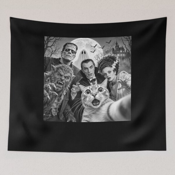 Item preview, Funny Cat Selfie With Classic Gothic Monsters Black And White Design designed and sold by SEINENGAPPI23.