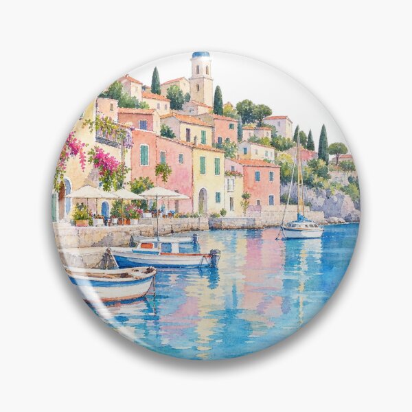 Item preview, Mediterranean coastal village by the harbor, watercolor designed and sold by LongIslandDesgn.