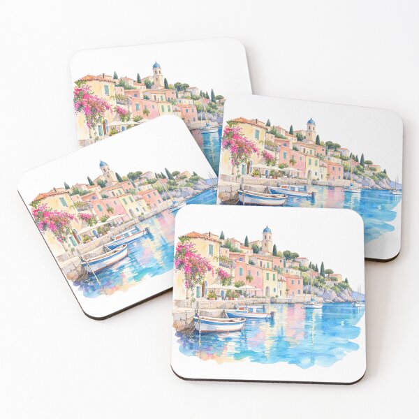 Item preview, Mediterranean coastal village by the harbor, watercolor designed and sold by LongIslandDesgn.