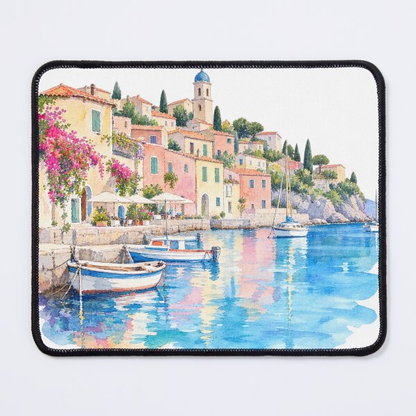 Item preview, Mediterranean coastal village by the harbor, watercolor designed and sold by LongIslandDesgn.