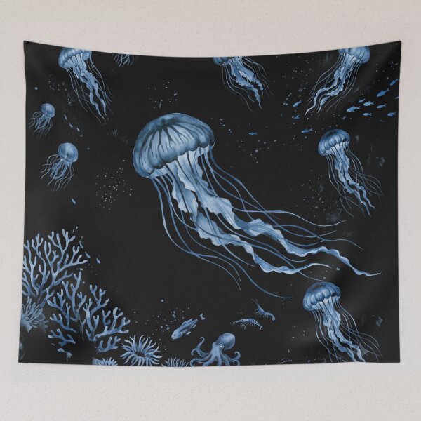 Item preview, Deep Sea Bioluminescence - Indigo Blue Watercolor Jellyfish Ocean Art designed and sold by robertronda1.