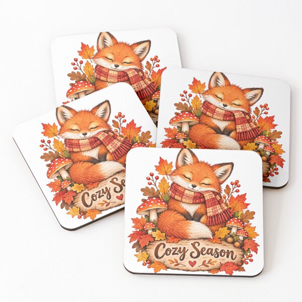 Item preview, Cozy Season autumn fox with scarf and mushrooms designed and sold by LongIslandDesgn.