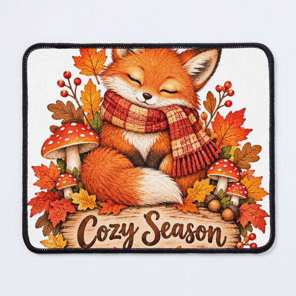 Item preview, Cozy Season autumn fox with scarf and mushrooms designed and sold by LongIslandDesgn.