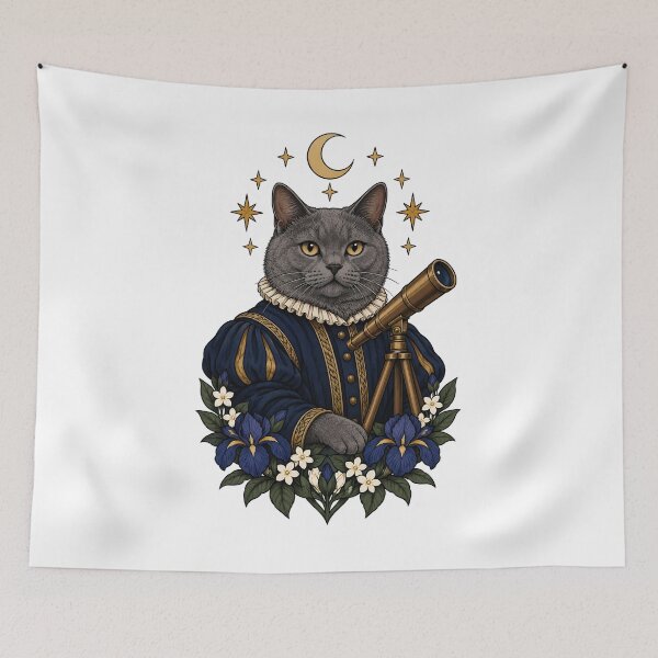 Item preview, Renaissance Astronomer Cat with Telescope and Moon Art designed and sold by Old's Cool Cat Studio.