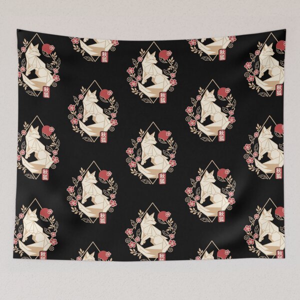 Item preview, Geometric fox with autumn frame and red sun- Japanese Fall Zen designed and sold by NemiMakeit.