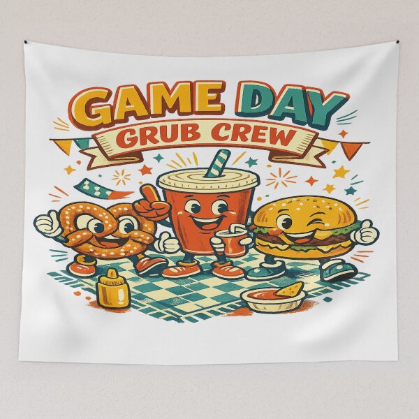 Item preview, Game Day Grub Crew Funny Food Squad Burger Pretzel Snack Party Art designed and sold by inkoutninja.