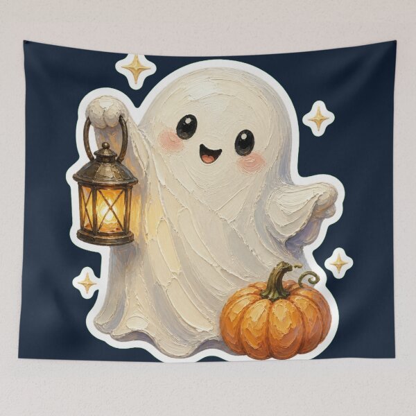 Item preview, Cute Halloween Ghost With Lantern And Pumpkin  designed and sold by The Digital Compass.