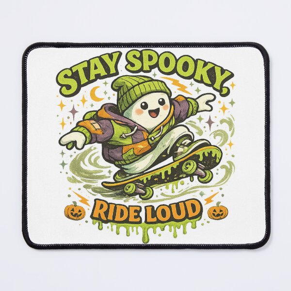 Item preview, Stay Spooky Ride Loud Cute Ghost Skateboard Halloween Retro Art Design designed and sold by inkoutninja.