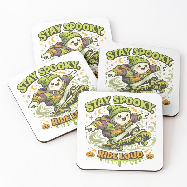 Item preview, Stay Spooky Ride Loud Cute Ghost Skateboard Halloween Retro Art Design designed and sold by inkoutninja.