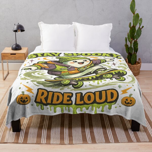 Item preview, Stay Spooky Ride Loud Cute Ghost Skateboard Halloween Retro Art Design designed and sold by inkoutninja.