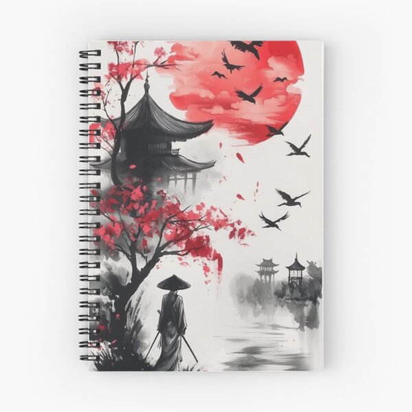 Item preview, Japanese Sumi-e Samurai under Red Sun and Sakura — Japanese Ink Wash Art designed and sold by LYAN-STORE.