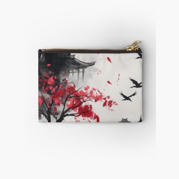 Item preview, Japanese Sumi-e Samurai under Red Sun and Sakura — Japanese Ink Wash Art designed and sold by LYAN-STORE.