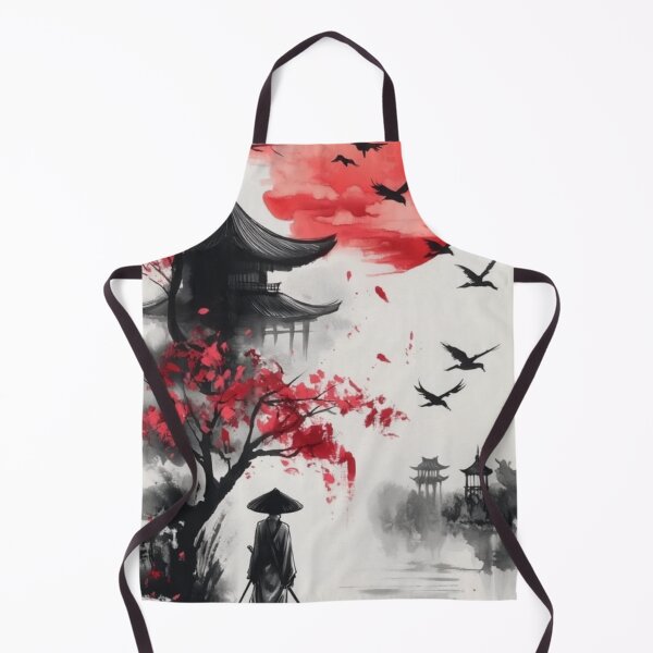 Item preview, Japanese Sumi-e Samurai under Red Sun and Sakura — Japanese Ink Wash Art designed and sold by LYAN-STORE.