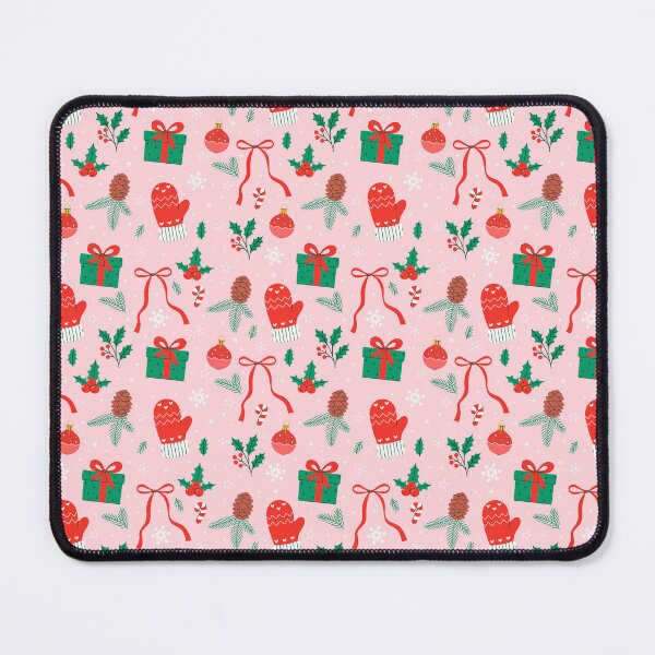 Item preview, red mittens, gift boxes and holly berries on pink background designed and sold by burbura.