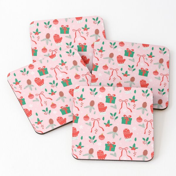 Item preview, red mittens, gift boxes and holly berries on pink background designed and sold by burbura.