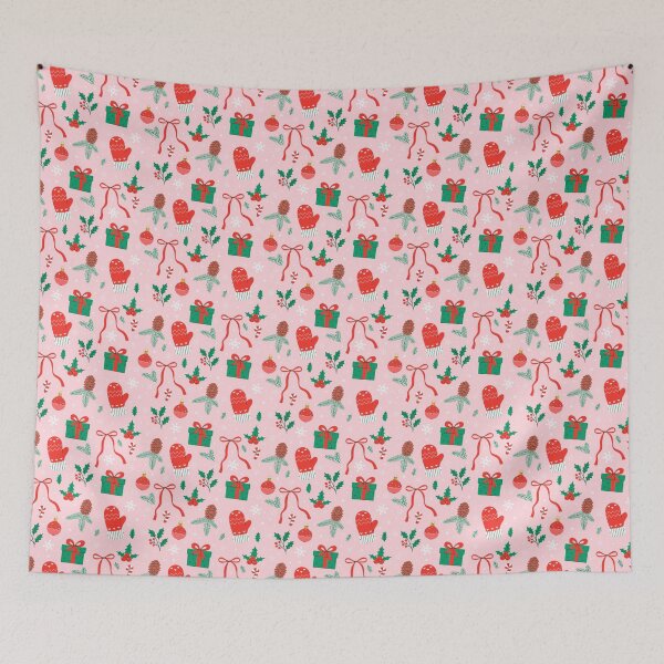 Item preview, red mittens, gift boxes and holly berries on pink background designed and sold by burbura.