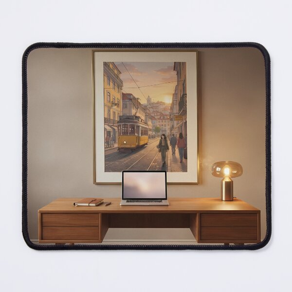Item preview, Cozy Study & Library Aesthetic: Vintage Lisbon Tram at Sunset, Warm Literary Wall Art & Home Decor Print designed and sold by SOOstudio73.