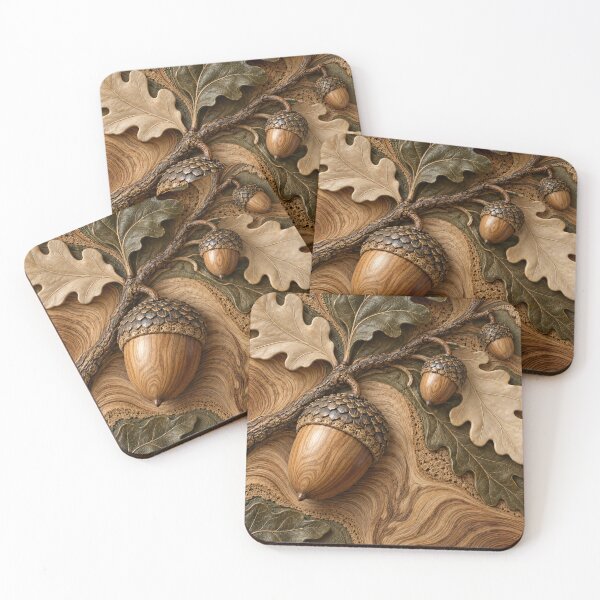 Item preview, Wooden Acorns and Oak Leaves – Rustic Autumn Botanical Nature Art Print designed and sold by Kaleidoscope Print.