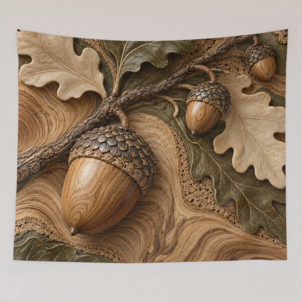 Item preview, Wooden Acorns and Oak Leaves – Rustic Autumn Botanical Nature Art Print designed and sold by Kaleidoscope Print.