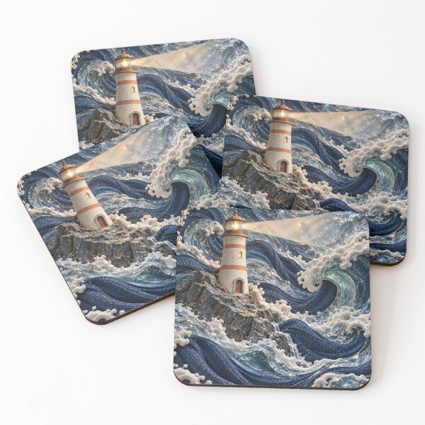 Item preview, Lighthouse in Glass Ocean Waves – Nautical Textile Fantasy Art Print designed and sold by Kaleidoscope Print.