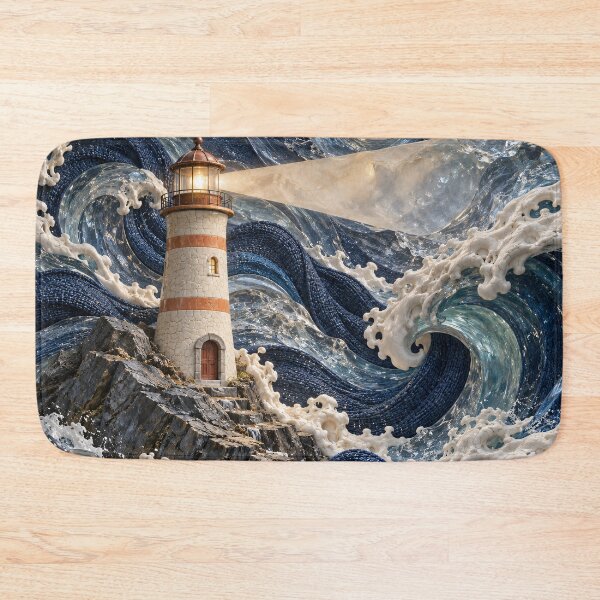 Item preview, Lighthouse in Glass Ocean Waves – Nautical Textile Fantasy Art Print designed and sold by Kaleidoscope Print.