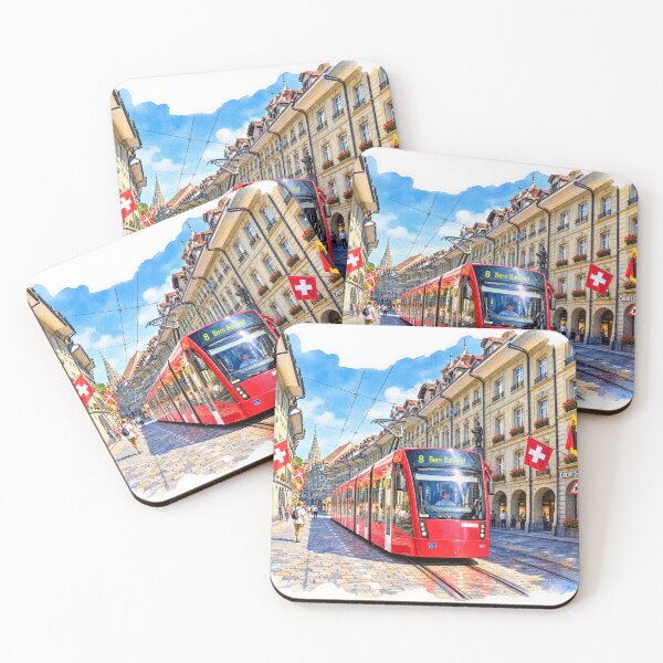 Item preview, Bern Switzerland Red Tram Digital Watercolor designed and sold by SlavaArt.