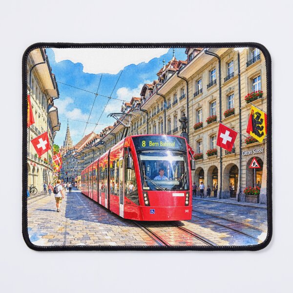 Item preview, Bern Switzerland Red Tram Digital Watercolor designed and sold by SlavaArt.
