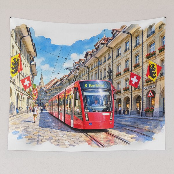 Item preview, Bern Switzerland Red Tram Digital Watercolor designed and sold by SlavaArt.