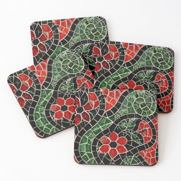 Item preview, Gaudi Inspired Red Floral Swirl Mosaic Black Tile Print Pattern designed and sold by GrinGalore.