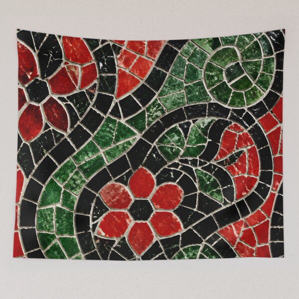 Item preview, Gaudi Inspired Red Floral Swirl Mosaic Black Tile Print Pattern designed and sold by GrinGalore.