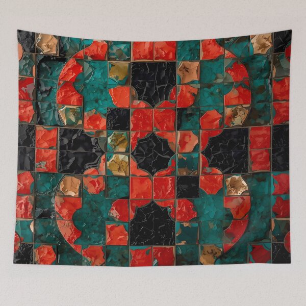 Item preview, Gaudi Inspired Crimson Red Teal Black Square Mosaic Pattern designed and sold by GrinGalore.