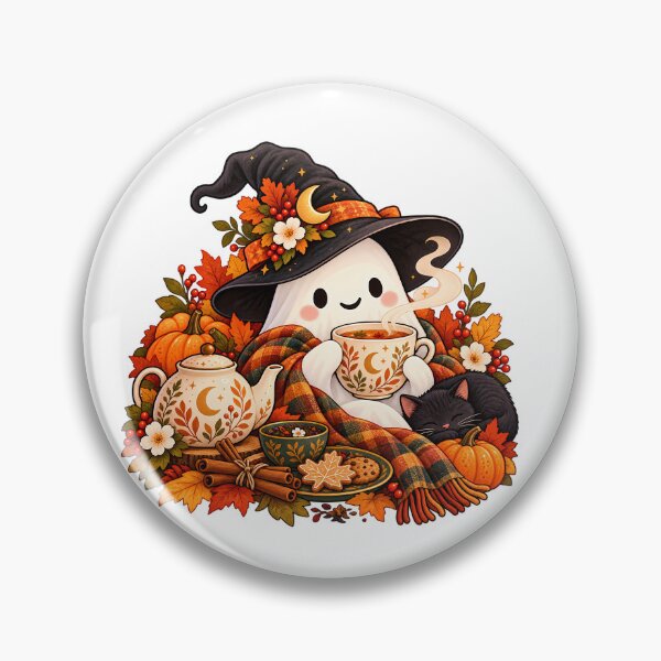 Item preview, Tea Time Ghost – Cozy Autumn Tea & Black Cat Illustration designed and sold by BLUEFOX05.
