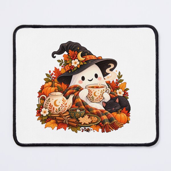Item preview, Tea Time Ghost – Cozy Autumn Tea & Black Cat Illustration designed and sold by BLUEFOX05.
