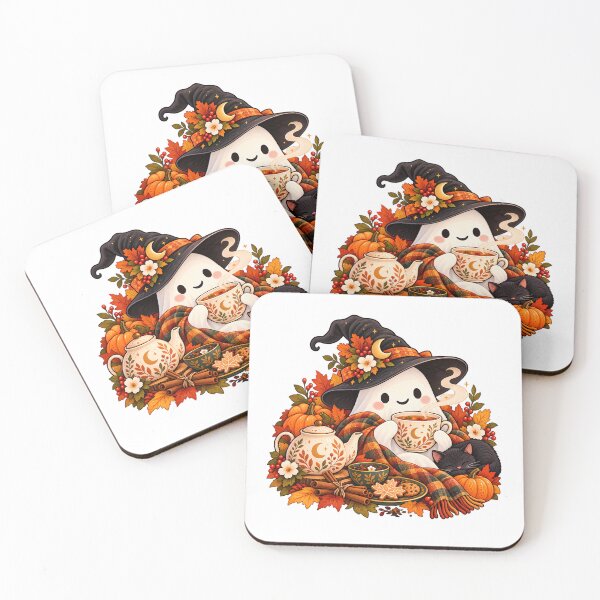 Item preview, Tea Time Ghost – Cozy Autumn Tea & Black Cat Illustration designed and sold by BLUEFOX05.