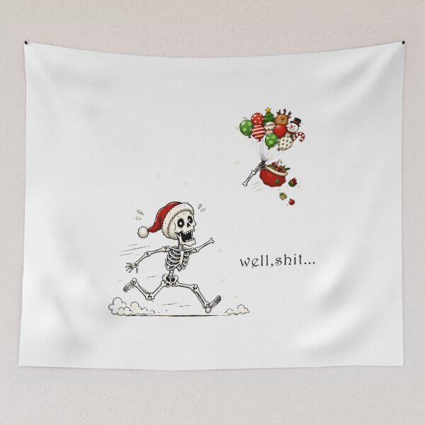 Item preview, Skeleton Santa Hat Running Away Balloons Oh Shit Design designed and sold by OlyvieArt.
