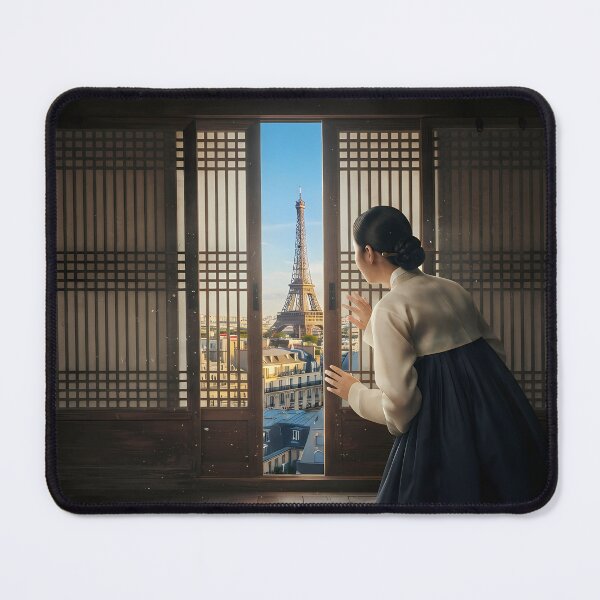Item preview, Hanok Window View of Paris Eiffel Tower: Korean Traditional Aesthetic Meets Parisian Romance, Cinematic Travel Art Print & Poster designed and sold by SOOstudio73.