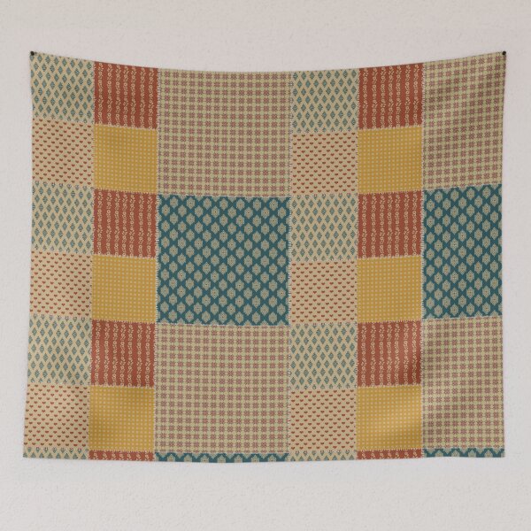 Item preview, Vintage Patchwork Rust Teal Mustard Folk Floral Hearts designed and sold by DColourMuse.