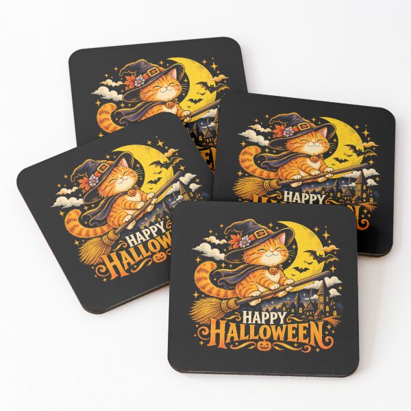 Item preview, Orange Witch Cat Flying on Broom – Vintage Happy Halloween designed and sold by Wissanu Mushtaprate.