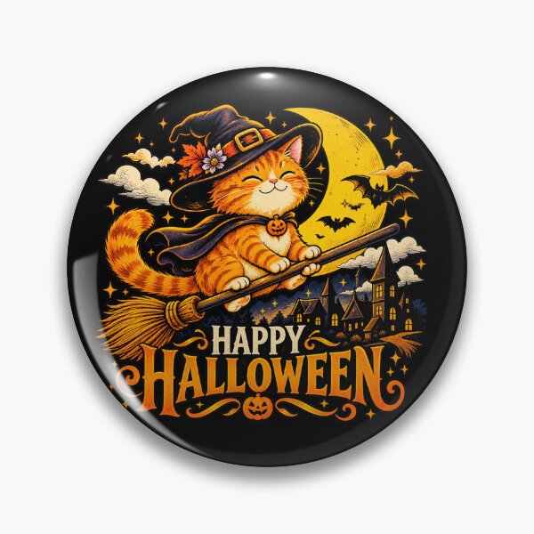 Item preview, Orange Witch Cat Flying on Broom – Vintage Happy Halloween designed and sold by Wissanu Mushtaprate.