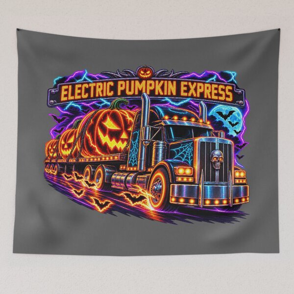Item preview, Electric Pumpkin Express Semi Truck - Neon Halloween Trucker Art designed and sold by NomadForge.