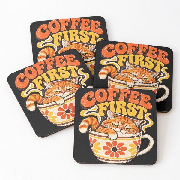 Item preview, "COFFEE FIRST" Retro Orange Cat Coffee First – Funny Vintage Illustration designed and sold by Wissanu Mushtaprate.