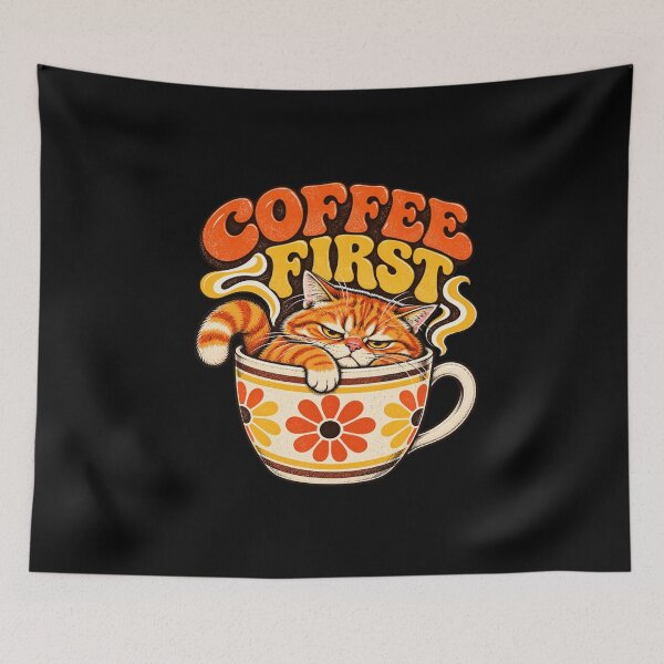 Item preview, "COFFEE FIRST" Retro Orange Cat Coffee First – Funny Vintage Illustration designed and sold by Wissanu Mushtaprate.