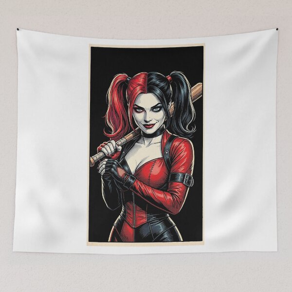 Item preview, Illustrated portrait of Harley Quinn, iconic villain with her bat designed and sold by MaxPhoto67.